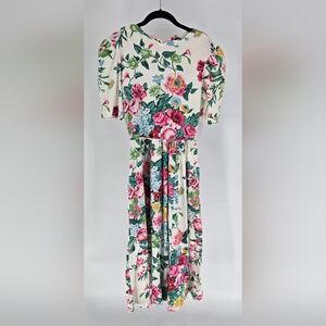 Floral Midi‎ Dress with Pink and Green Accents